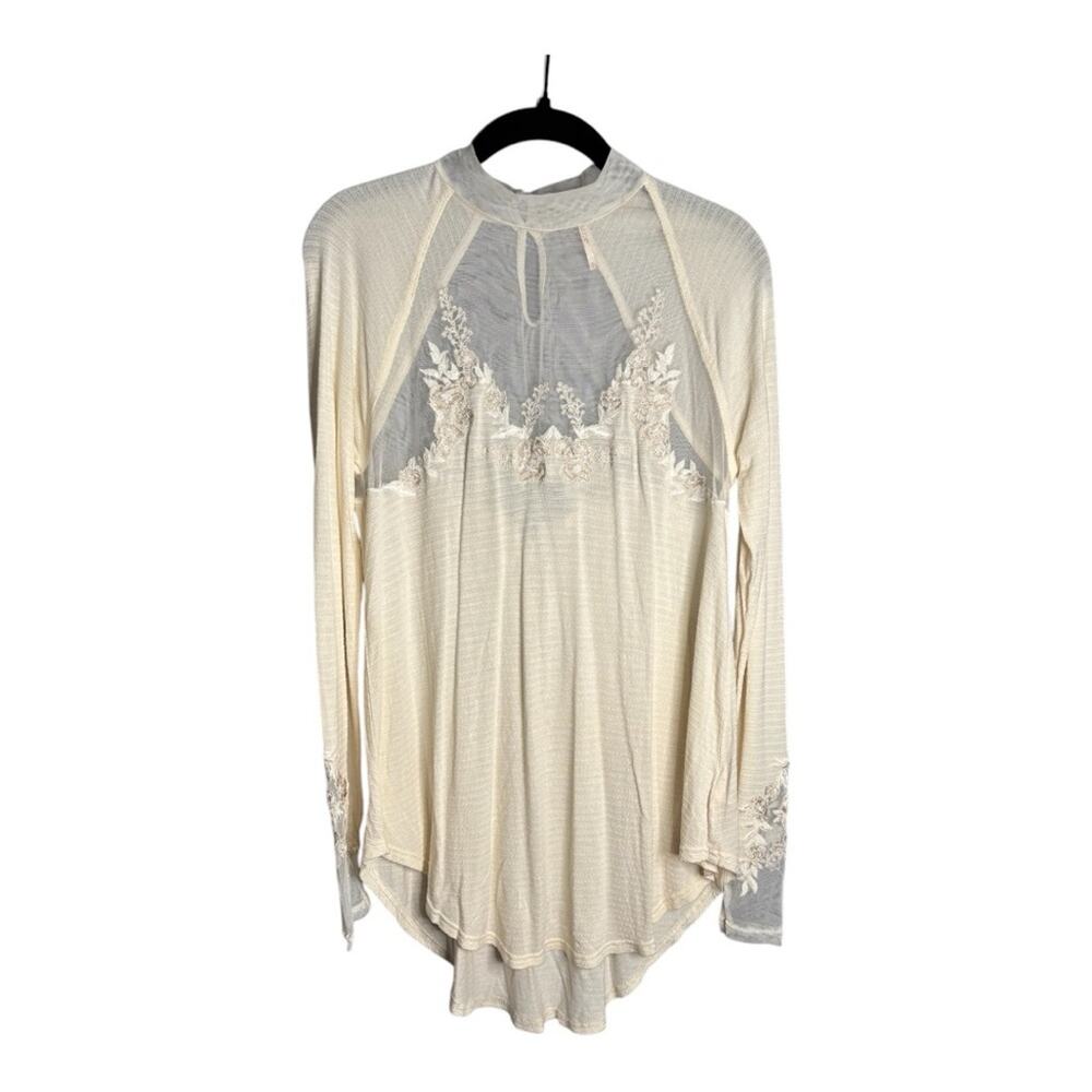 Free People White Long Sleeve High Neck Top With Mesh and Embroidery XS